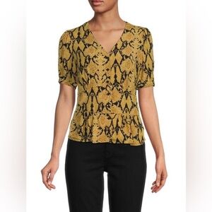 Women's Catherine Malandrino Print Puff Sleeve Top Size XS V‎ Neck Button Down